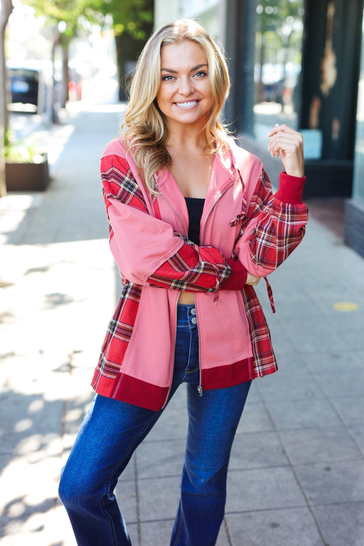 Aneta® | Adorable marsala check French terry hoodie with color block zip fastening