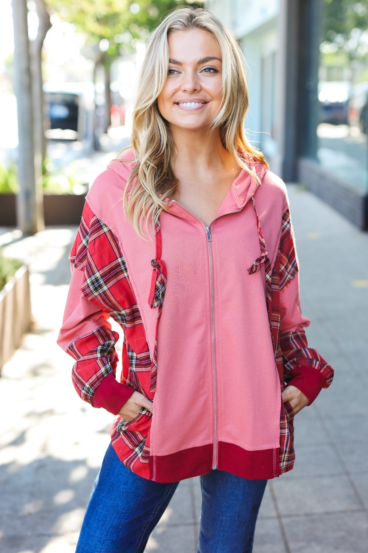 Aneta® | Adorable marsala check French terry hoodie with color block zip fastening