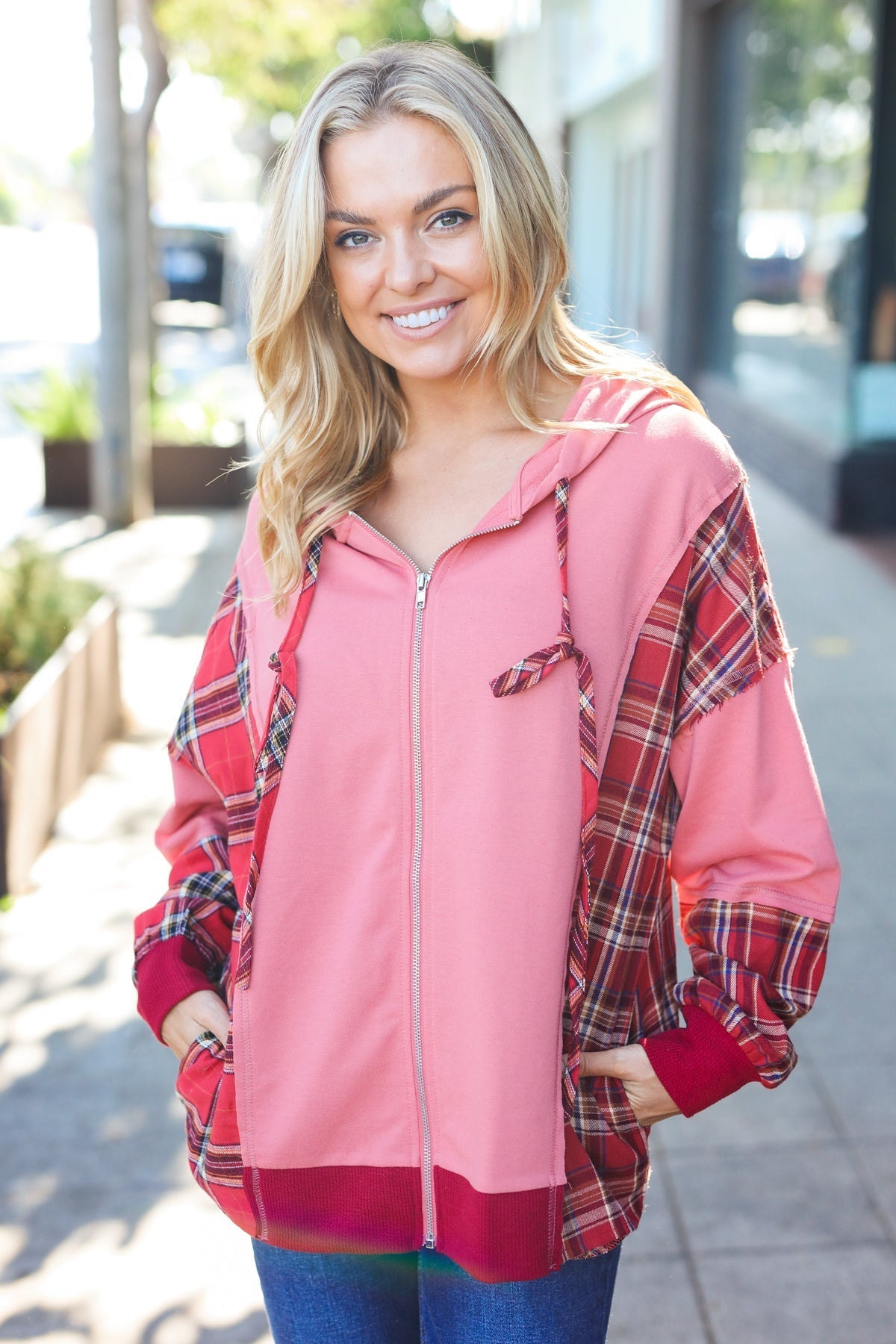 Aneta® | Adorable marsala check French terry hoodie with color block zip fastening