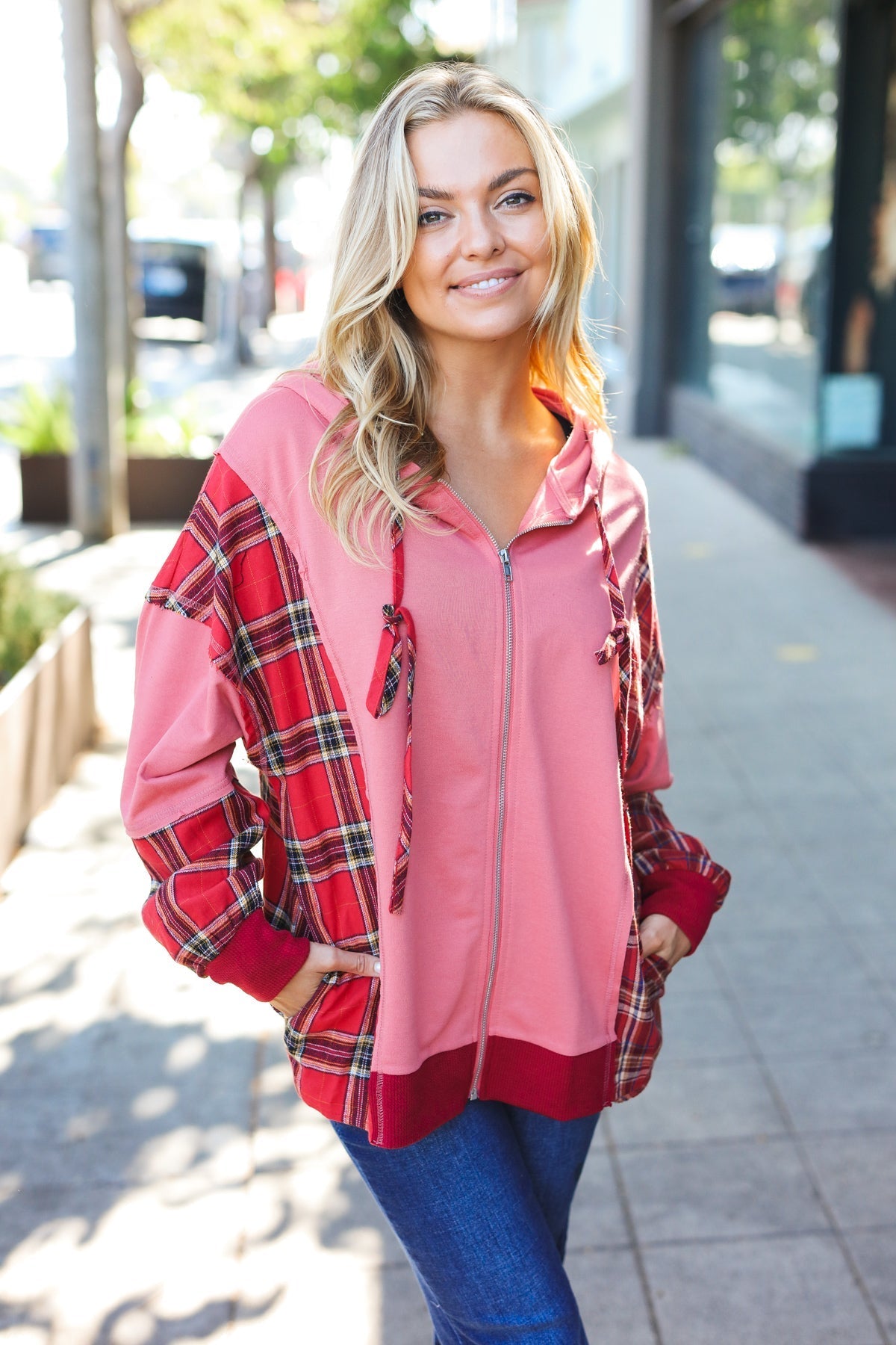 Aneta® | Adorable marsala check French terry hoodie with color block zip fastening