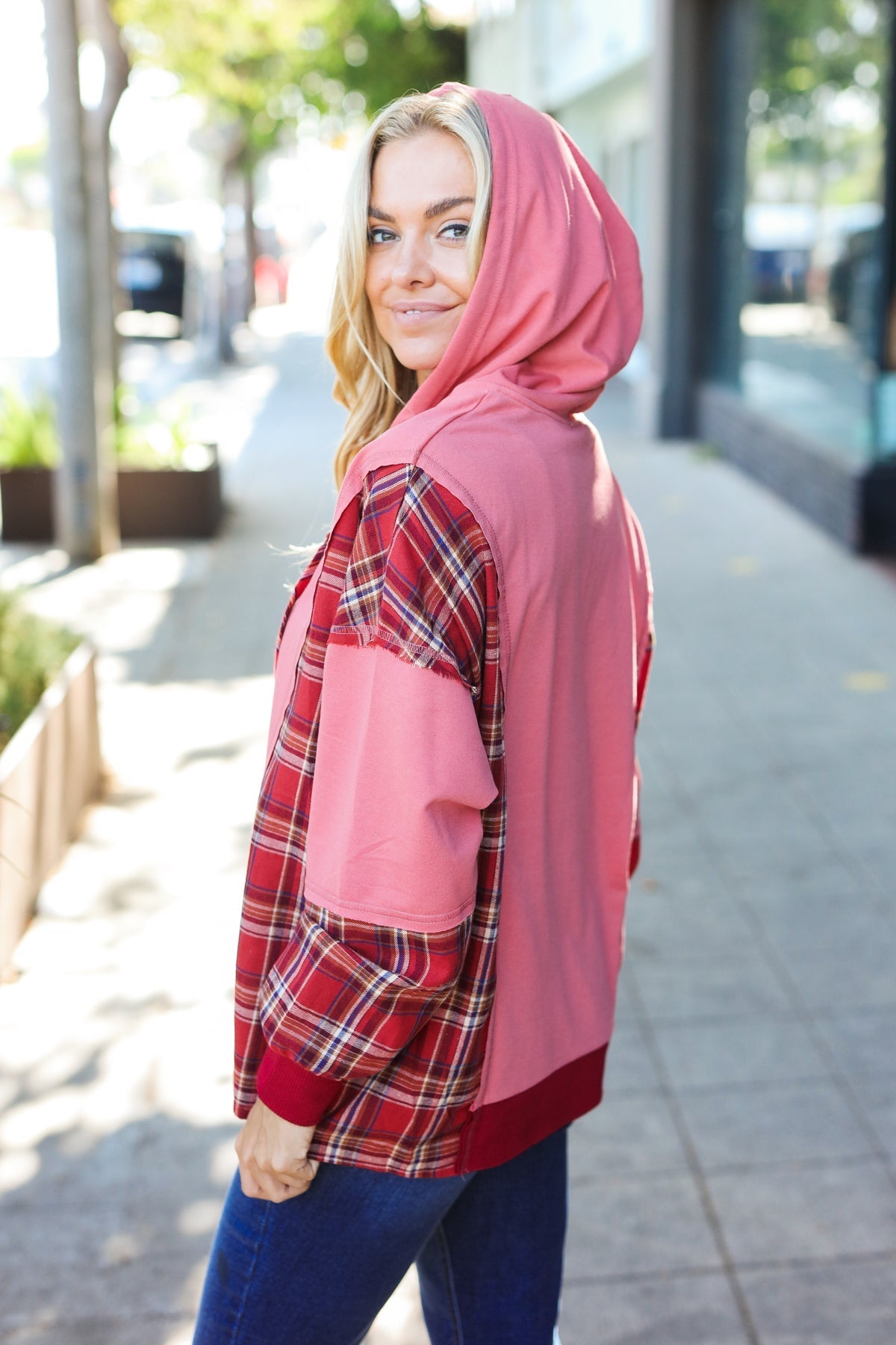 Aneta® | Adorable marsala check French terry hoodie with color block zip fastening