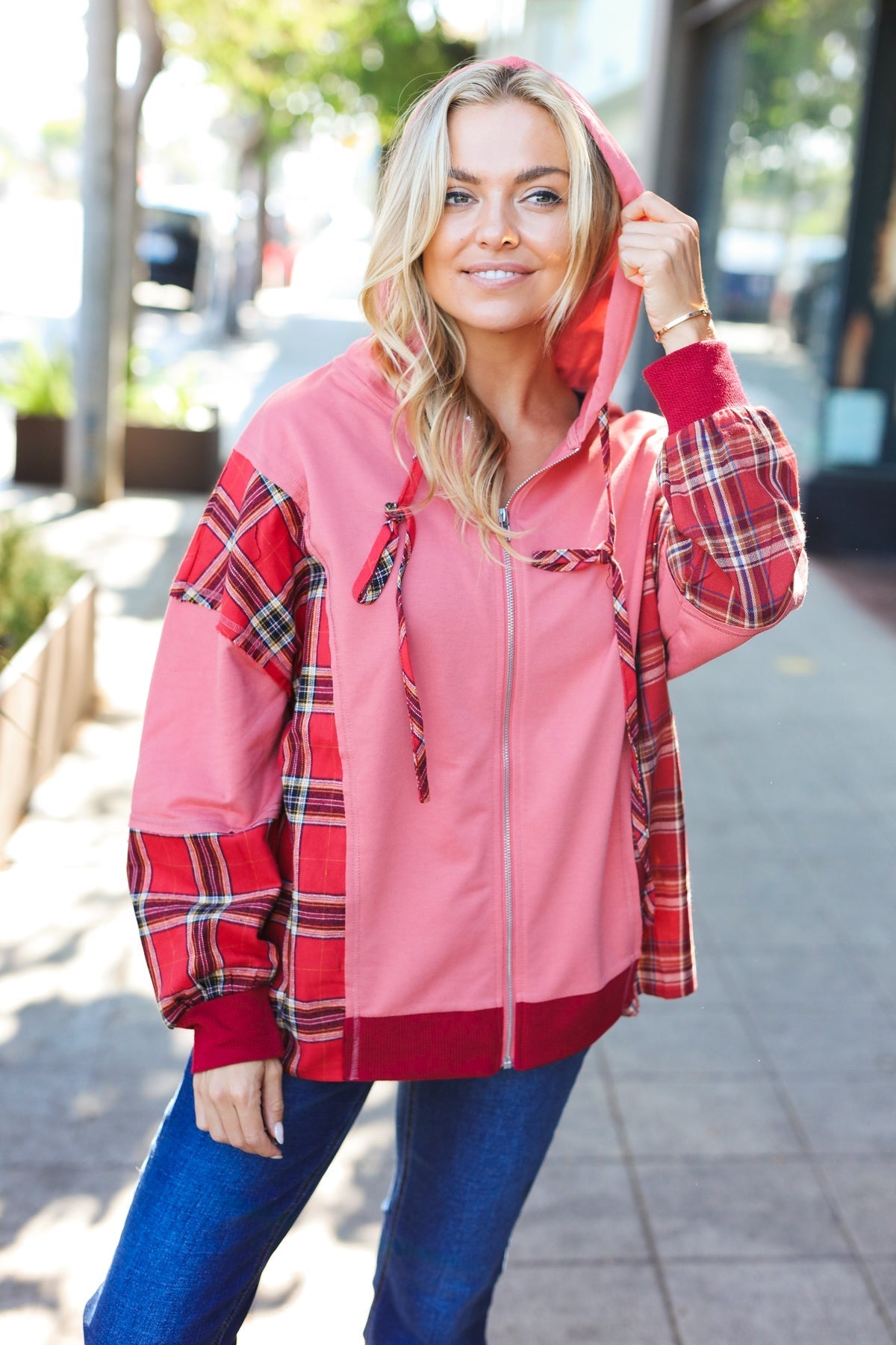 Aneta® | Adorable marsala check French terry hoodie with color block zip fastening