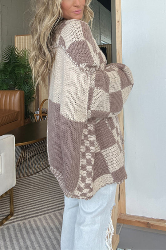 Vanessa® | Casual mid-length loose knit checked outerwear