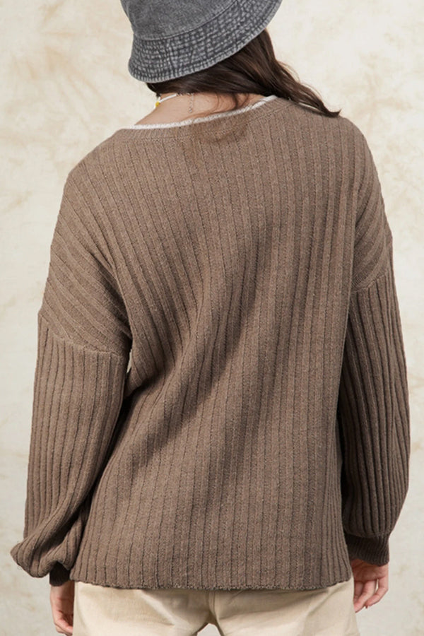 Adriana® | Smoke gray ribbed sweater with a contrast neckline and dropped sleeves