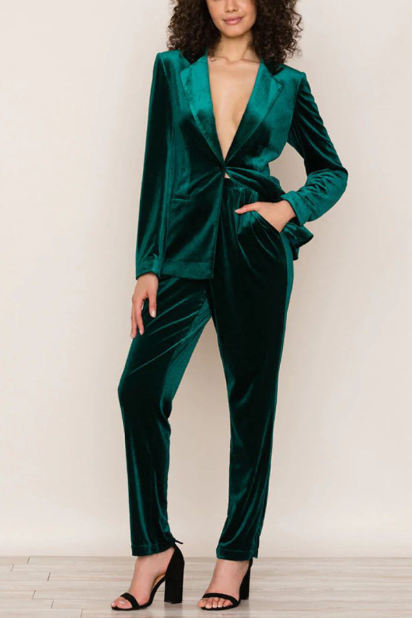 Alice® | Solid color velvet long sleeve blazer and trousers with elastic waistband and pockets