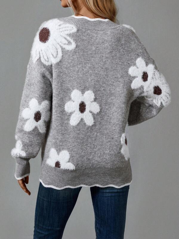 Alma® | Gray V-neck sweater with floral pattern