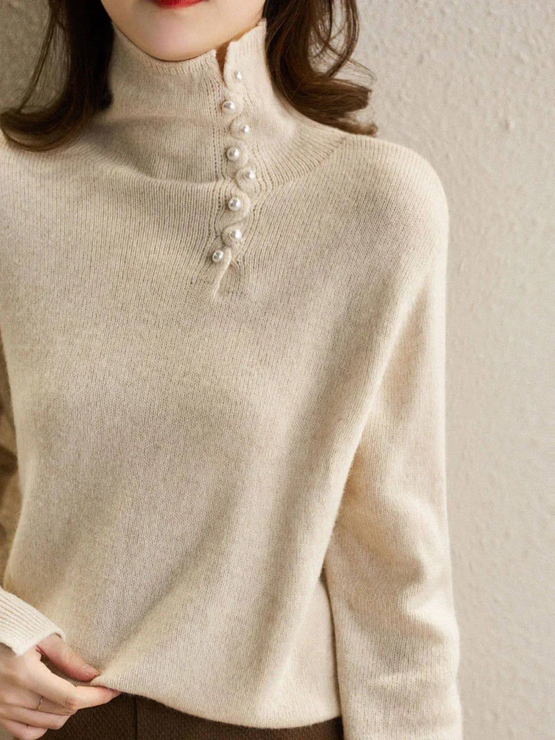 Angela® | Beige turtleneck sweater with long sleeves for women