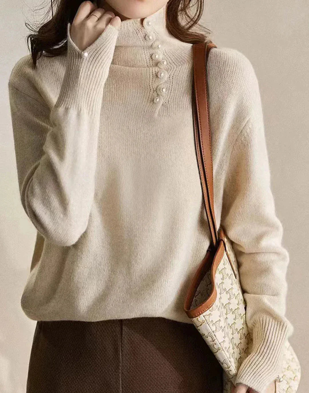 Angela® | Beige turtleneck sweater with long sleeves for women