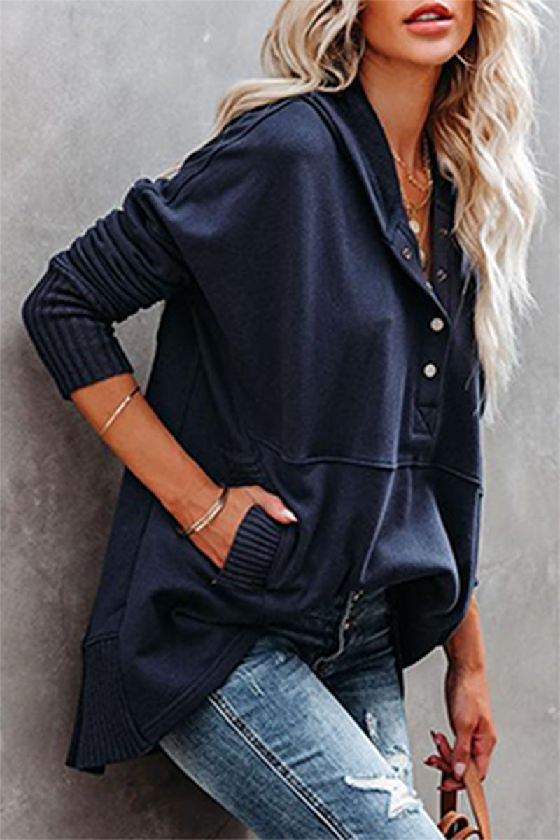 Vanesa® | Casual solid tops with pocket buckle and hooded collar