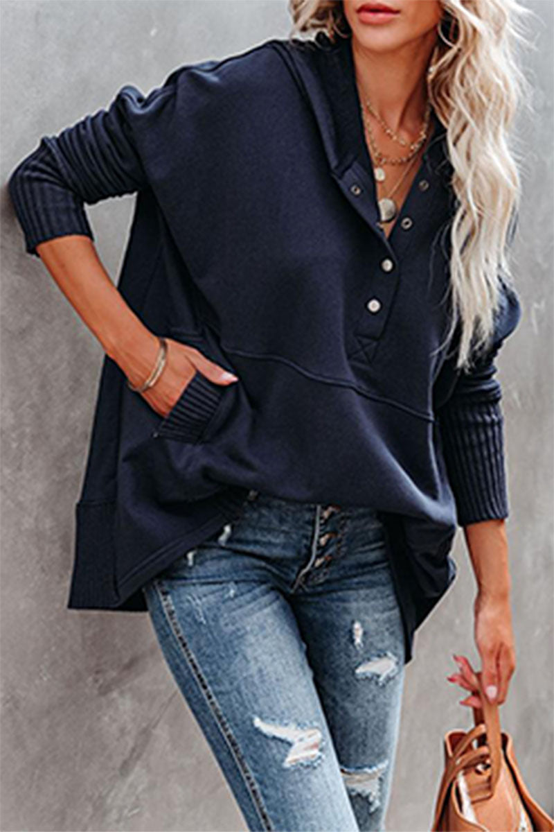 Vanesa® | Casual solid tops with pocket buckle and hooded collar