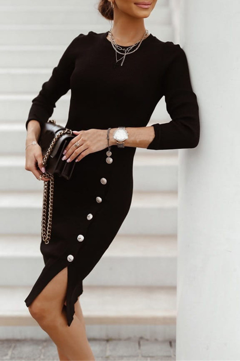 Felicidad® | Street Solid Buckle O-Neck Pencil Skirt Dresses