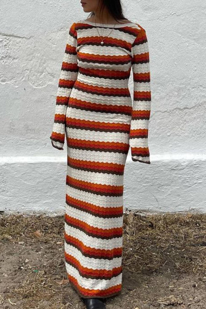 Lucrecia® | Casual Striped Long Sleeve O-Neck Contrast Vacation Dresses