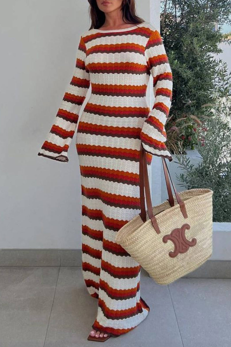 Lucrecia® | Casual Striped Long Sleeve O-Neck Contrast Vacation Dresses