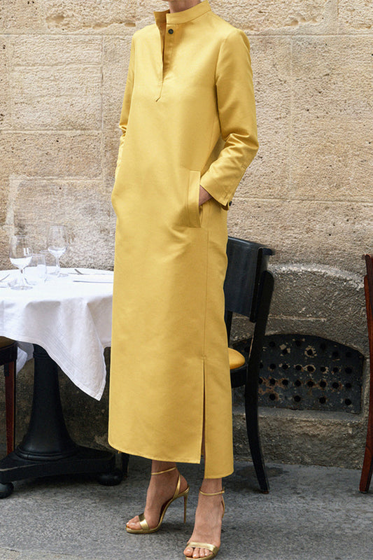 Zulema® | Casual solid color long sleeve dresses with stand-up collar and pockets