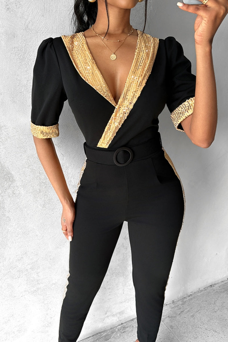 Adela® | Casual slim jumpsuits with patchwork sequins and V-neck