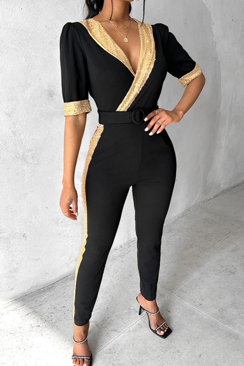 Adela® | Casual slim jumpsuits with patchwork sequins and V-neck