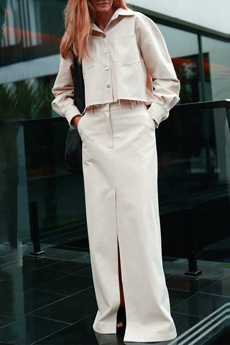 Anette® | Casual, elegant, solid color, long-sleeved two-piece suit with pocket turn-down collar