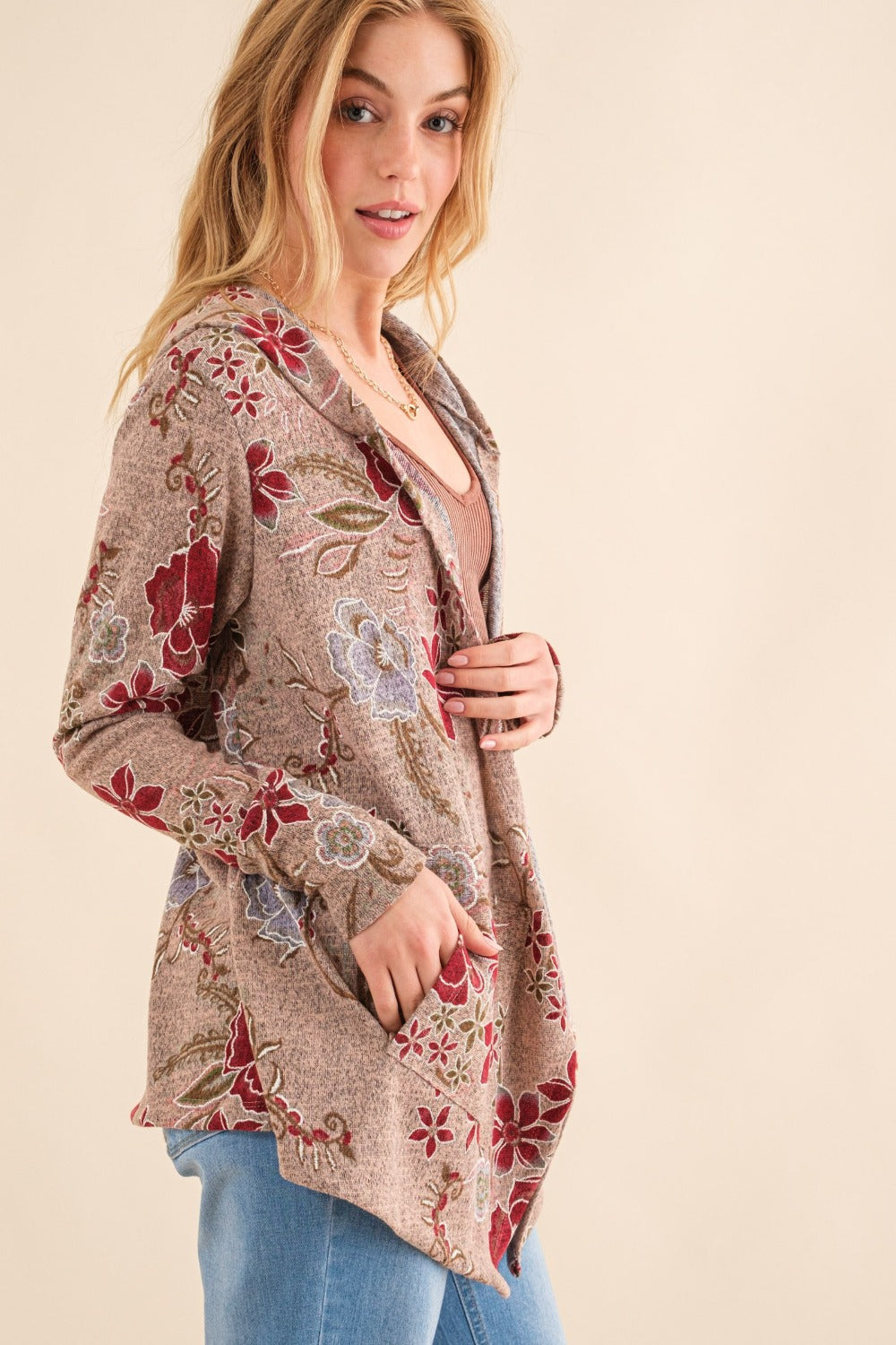 Yasmina® | And the Why Floral thermal cardigan with hood and open front