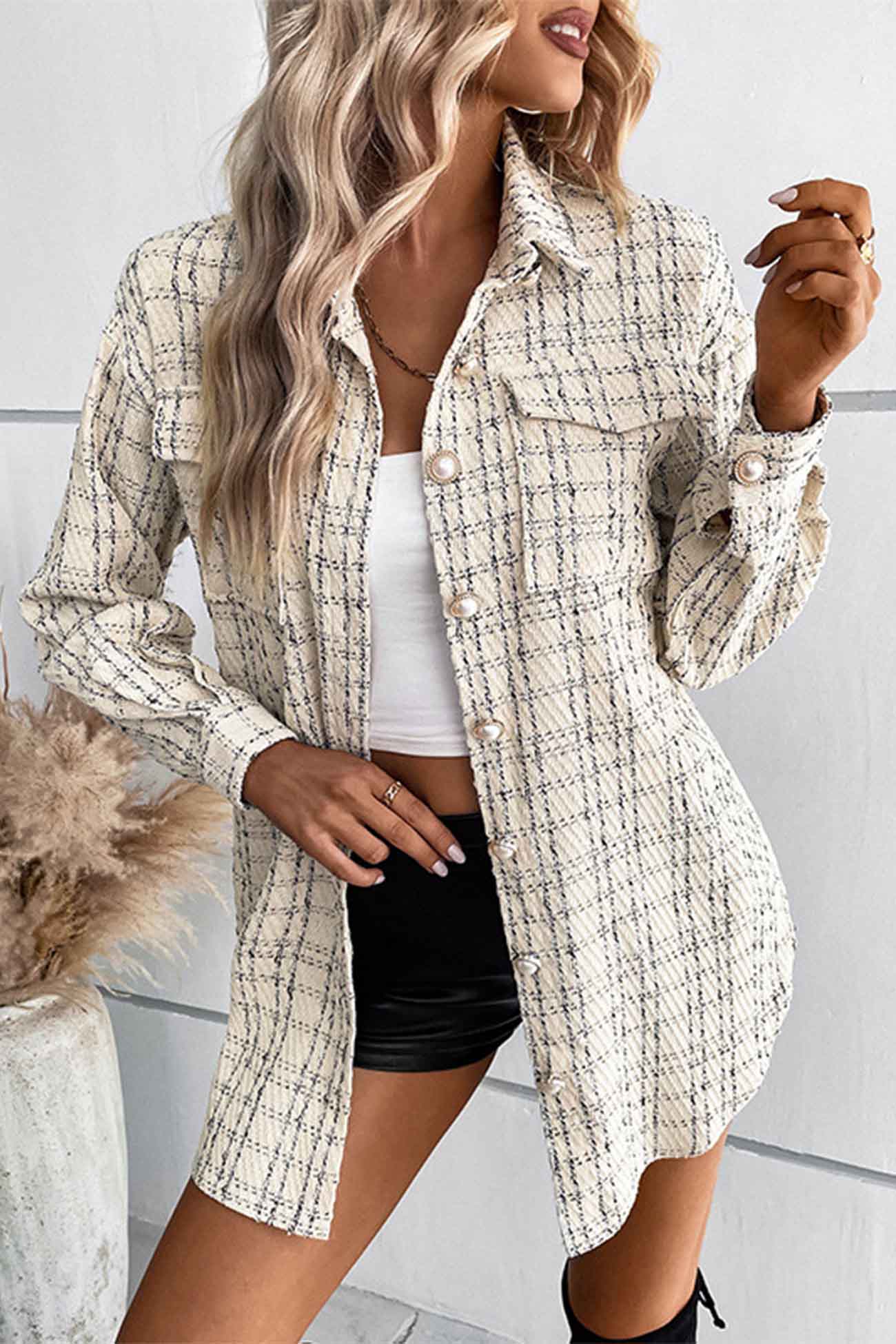 Vanessa® | Checked belted jacket with button placket and pocket