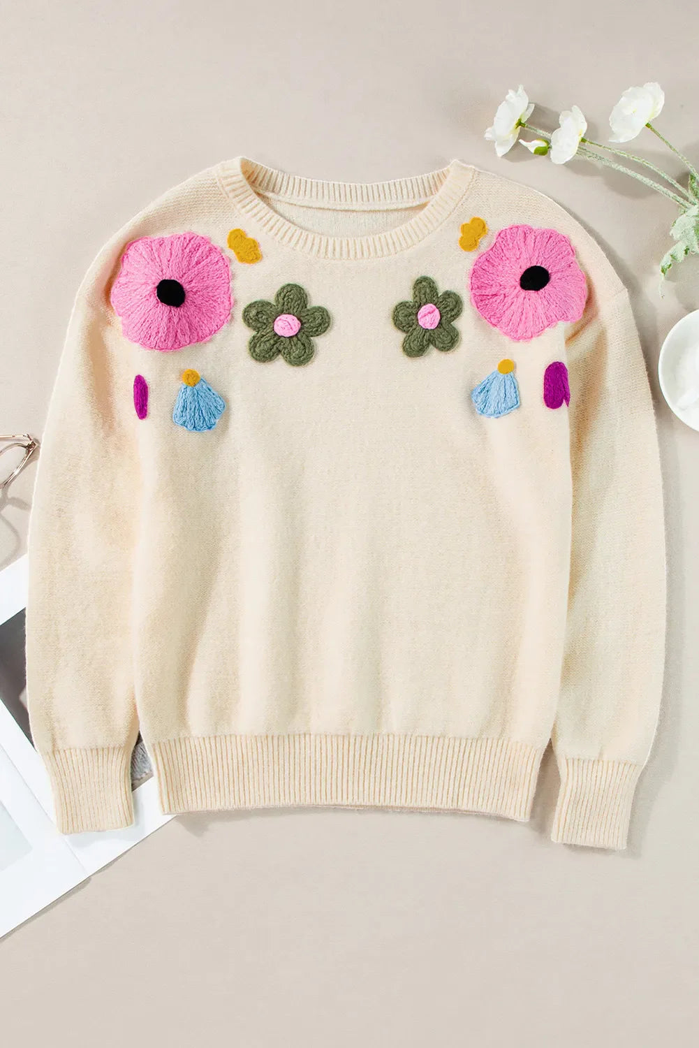 Adele® | Oversized long sleeve crochet floral crew neck sweater