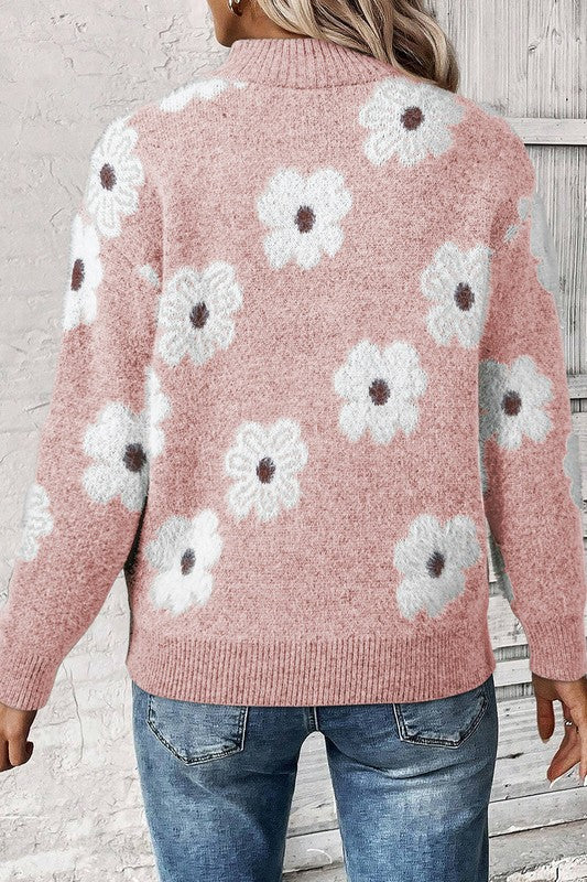 Amelia® | Vintage 60s floral pattern sweater with half zip collar