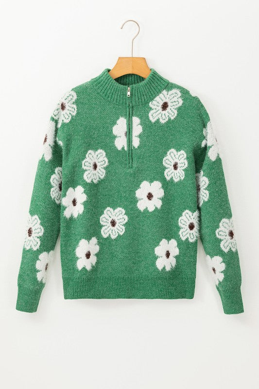 Amelia® | Vintage 60s floral pattern sweater with half zip collar