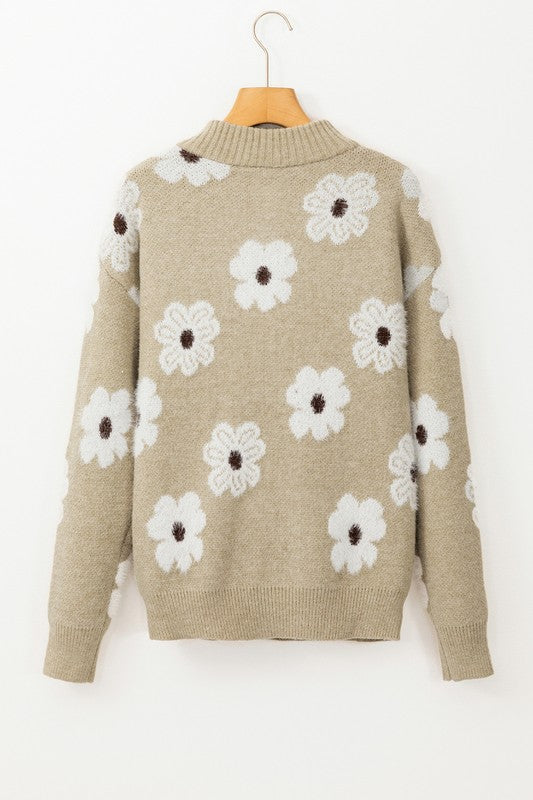 Amelia® | Vintage 60s floral pattern sweater with half zip collar