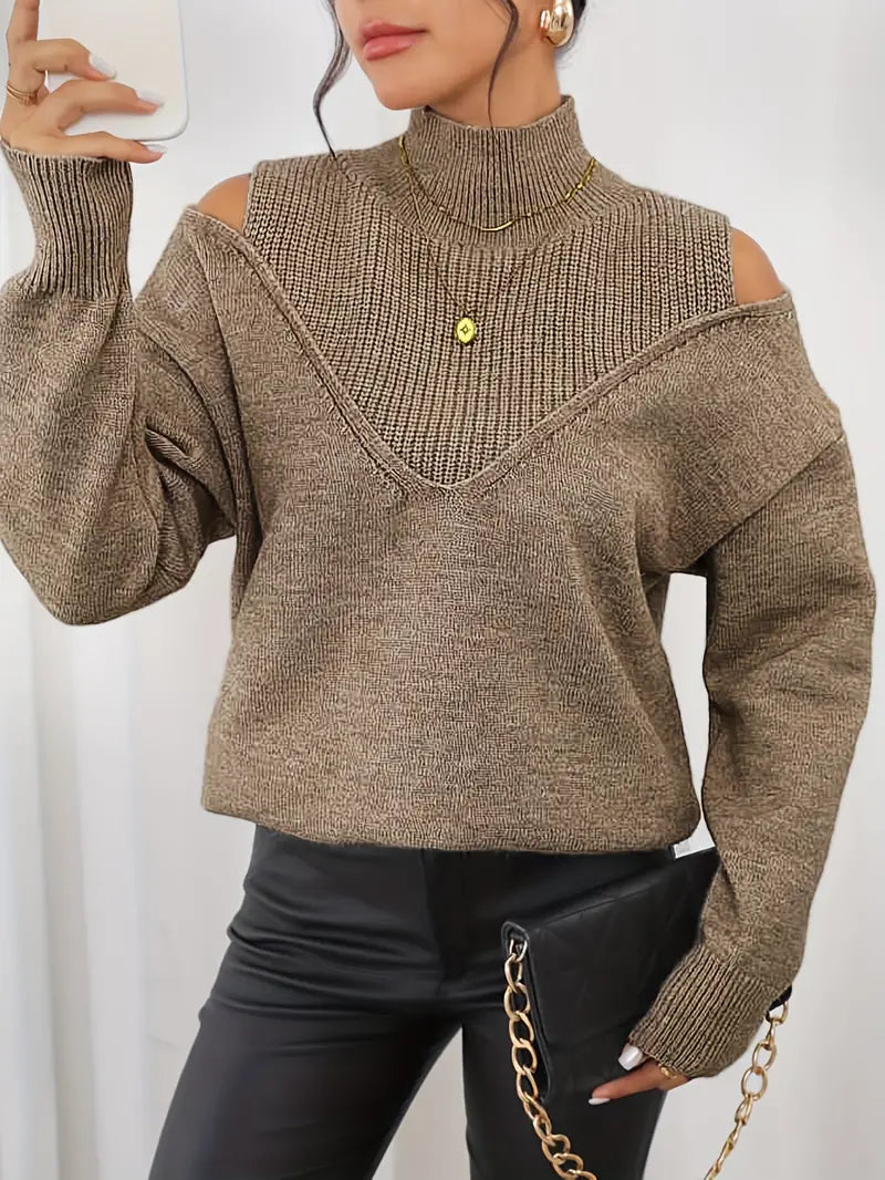 Yolaina® | Chic, cozy turtleneck sweater with cold shoulders