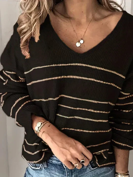 Yolanda® | Striped pattern v-neck sweater