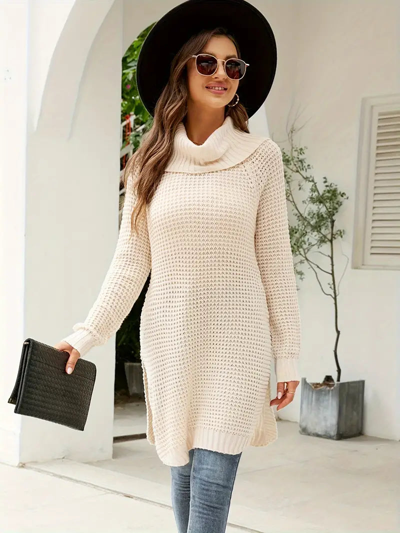 Zuleyka® | Waffle knit turtleneck sweater, casual long-sleeved sweater with split sleeves