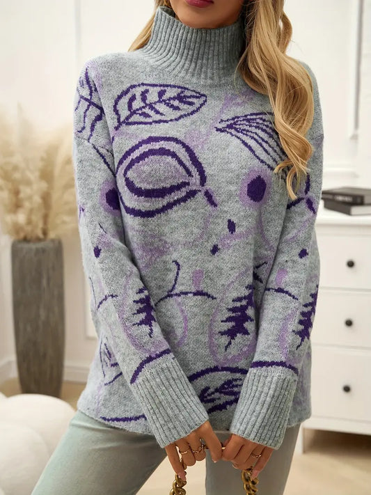 Vania® | Leaf Pattern Turtleneck Sweater, Casual Long Sleeve Sweater