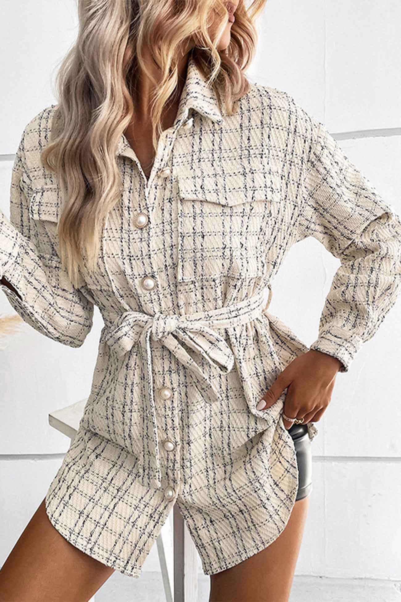 Vanessa® | Checked belted jacket with button placket and pocket