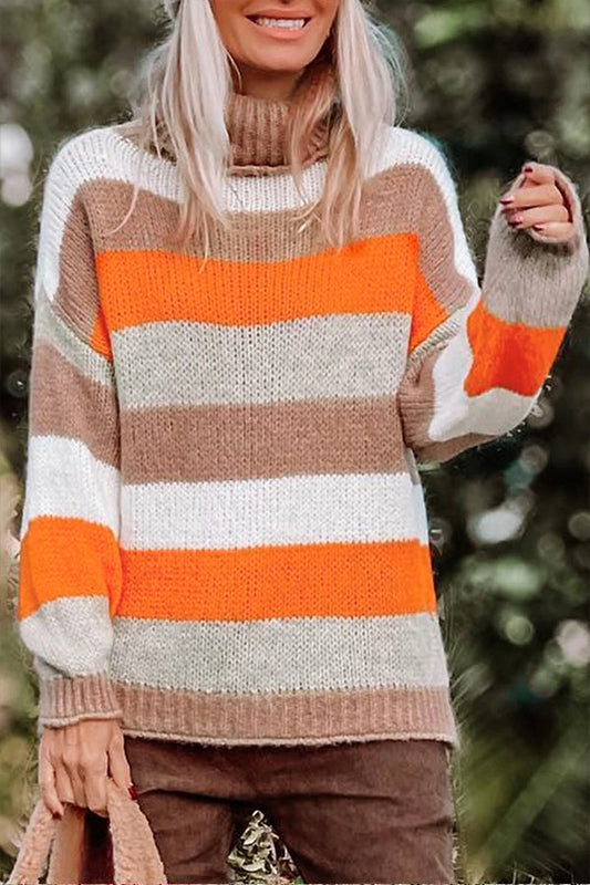 Adela® | Multicolored striped knitted turtleneck sweater with dropped shoulders