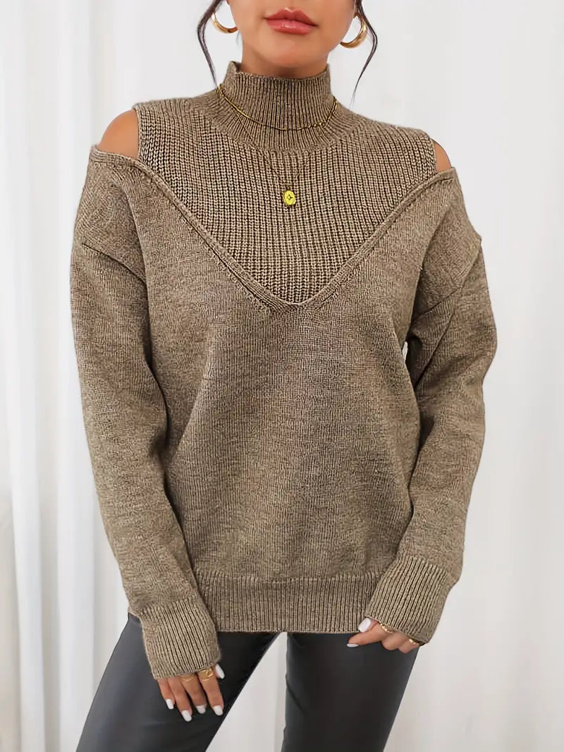 Yolaina® | Chic, cozy turtleneck sweater with cold shoulders