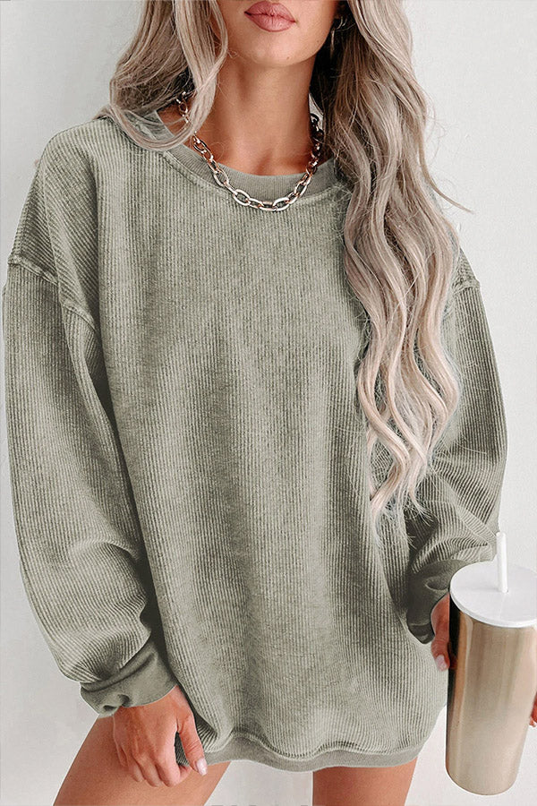 Andrea® | Solid ribbed crew neck pullover sweatshirt