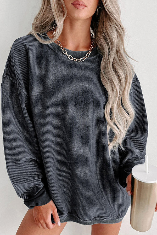 Andrea® | Solid ribbed crew neck pullover sweatshirt