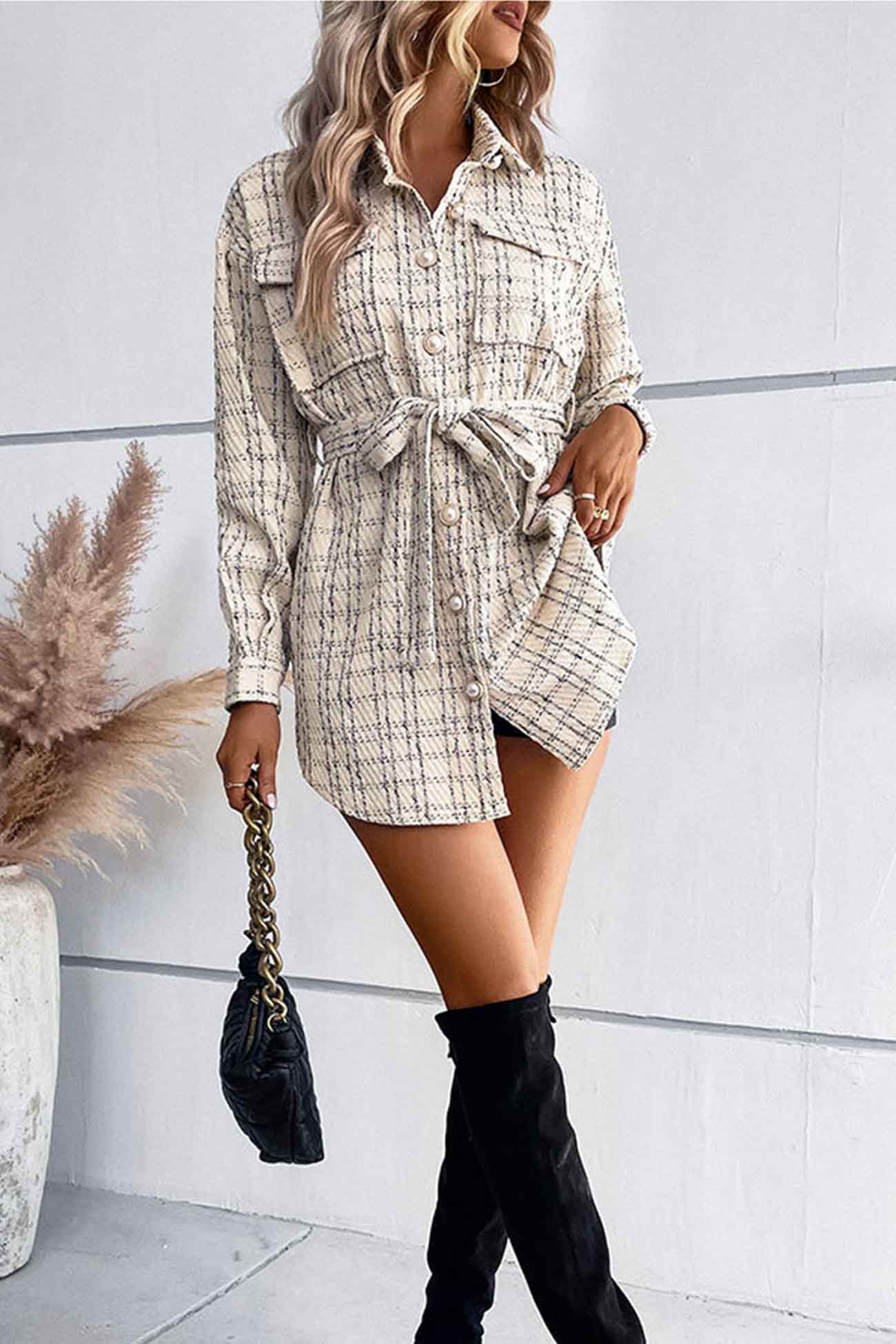 Vanessa® | Checked belted jacket with button placket and pocket