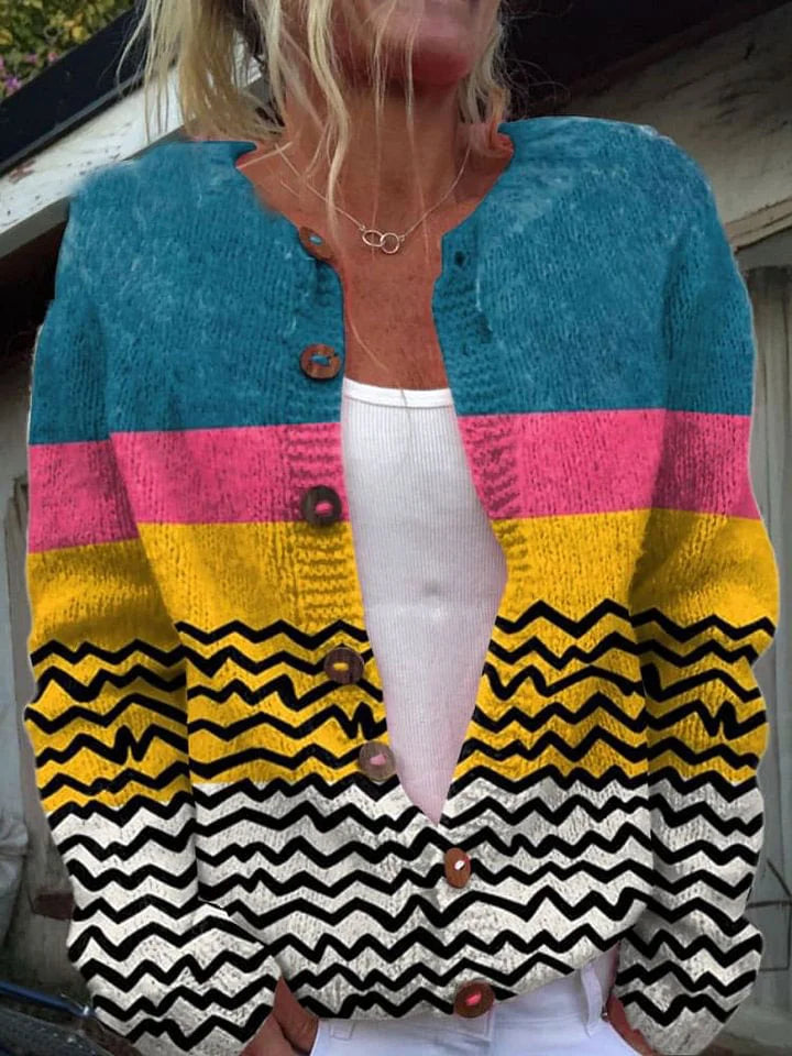 Yolanda® | Multicolor button-up color block cardigan sweater with wavy geometric art print