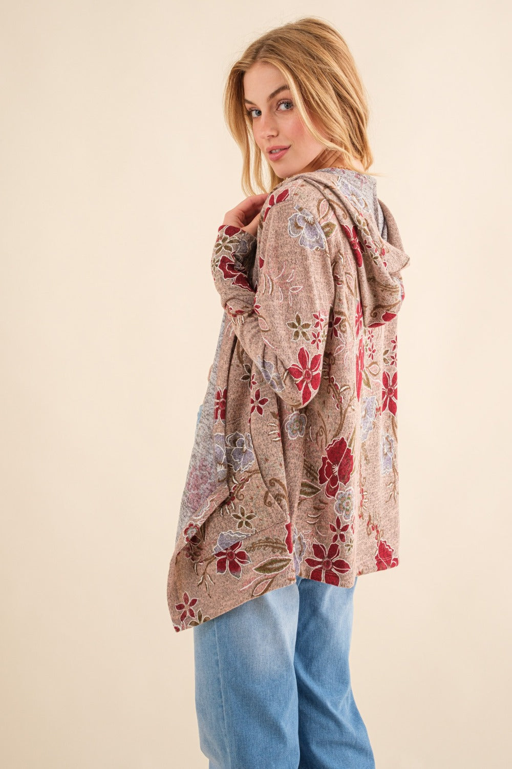 Yasmina® | And the Why Floral thermal cardigan with hood and open front