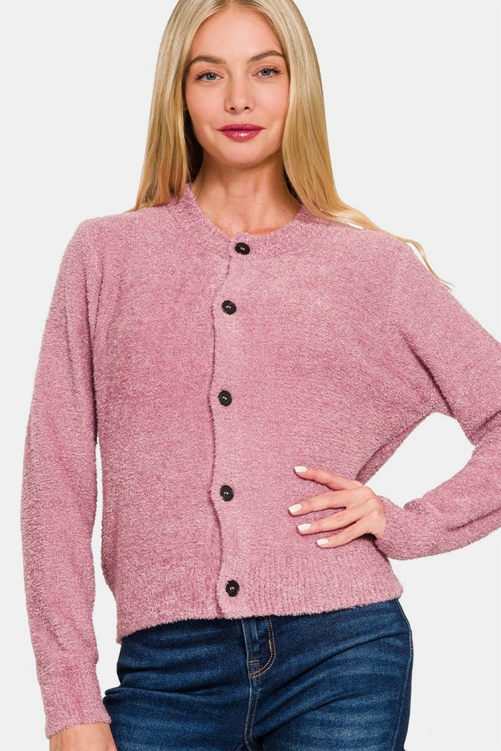 Angela® | Long sleeve pullover cardigan with button placket