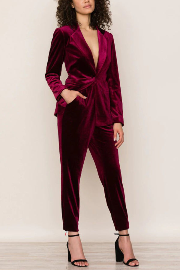 Alice® | Solid color velvet long sleeve blazer and trousers with elastic waistband and pockets