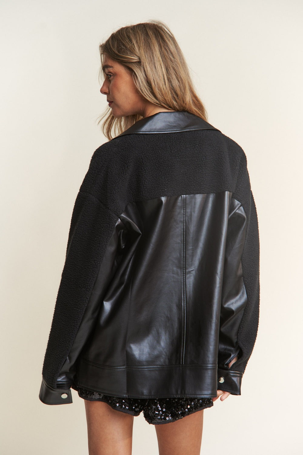 Ana® | Faux leather sherpa contrast snap down jacket