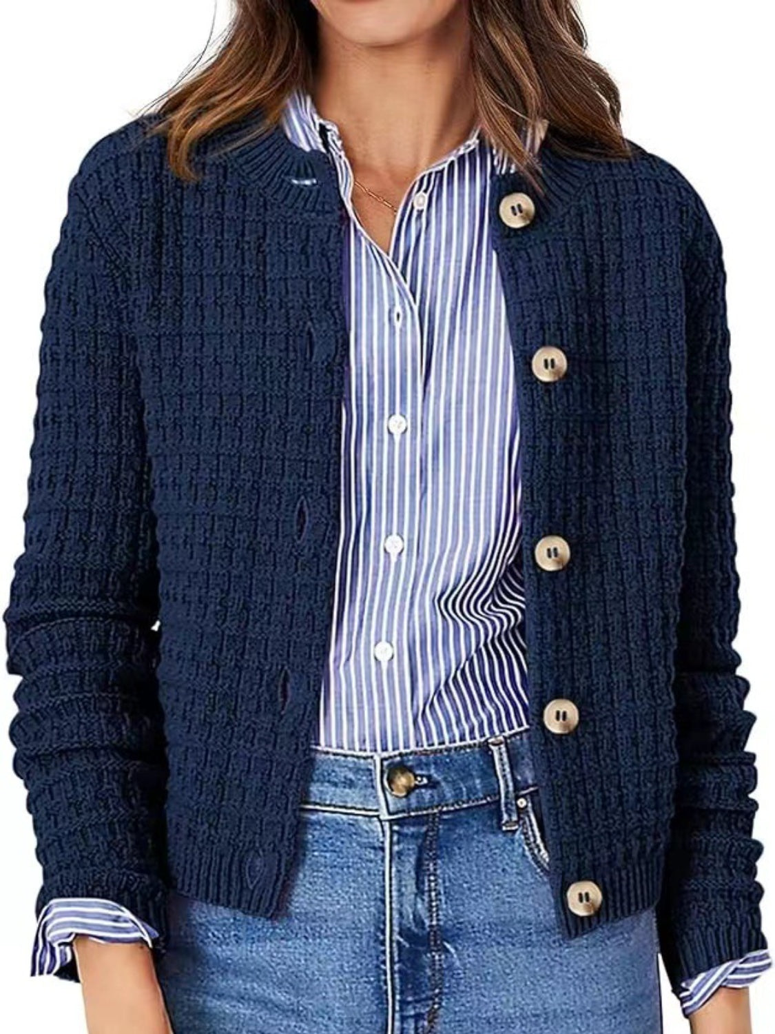 Adele® | Buttoned, long-sleeved cardigan with a crew neck