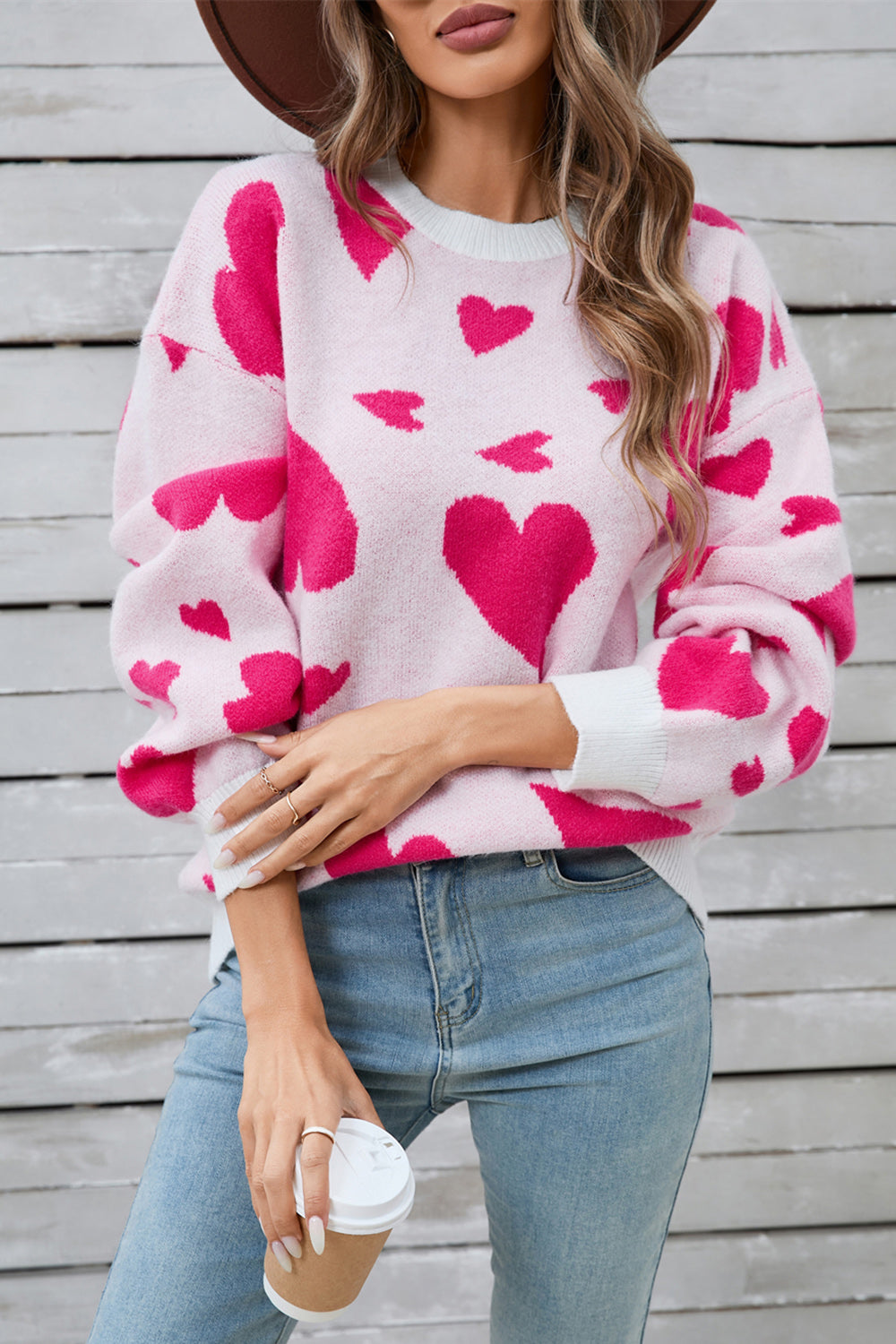 Alida® | Heart contrast crew neck long sleeve sweater