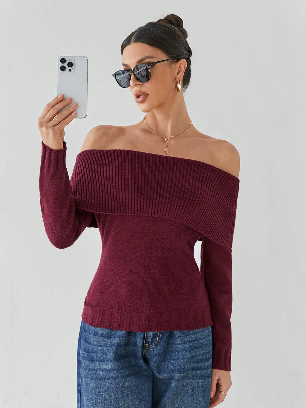 Alina® | Elegant burgundy autumn/winter off-shoulder sweater for women