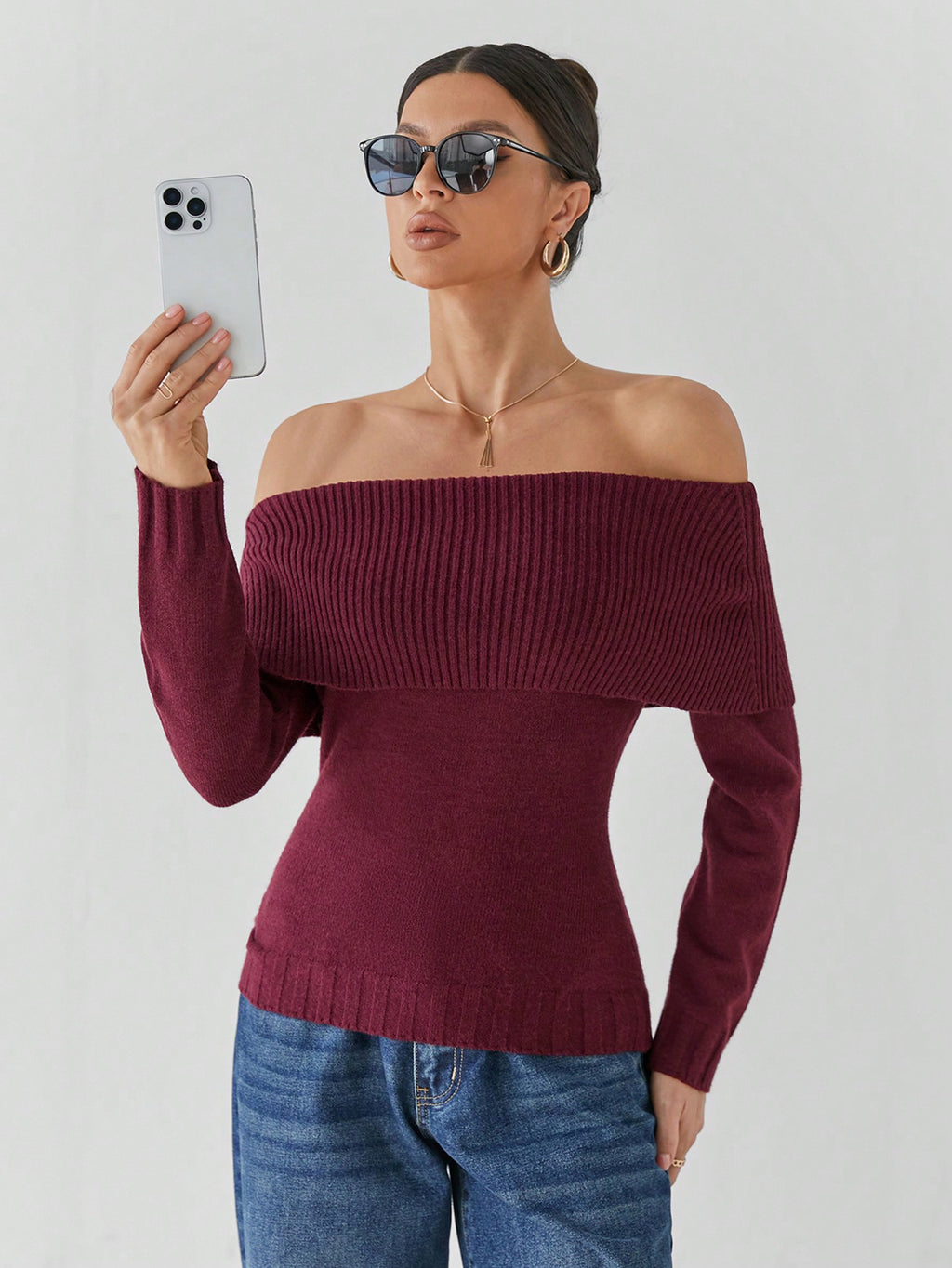 Alina® | Elegant burgundy autumn/winter off-shoulder sweater for women