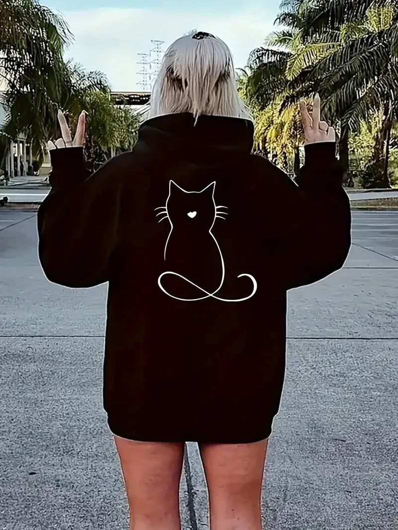 Vanessa® | Chic Line Kitten Print Zip Up Hoodie With Pockets