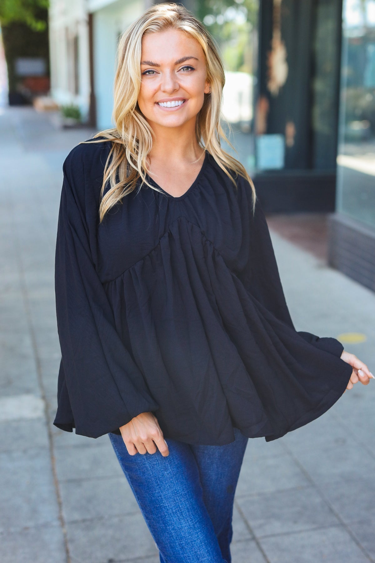 Alessa® | Black plain woven V-neck babydoll top