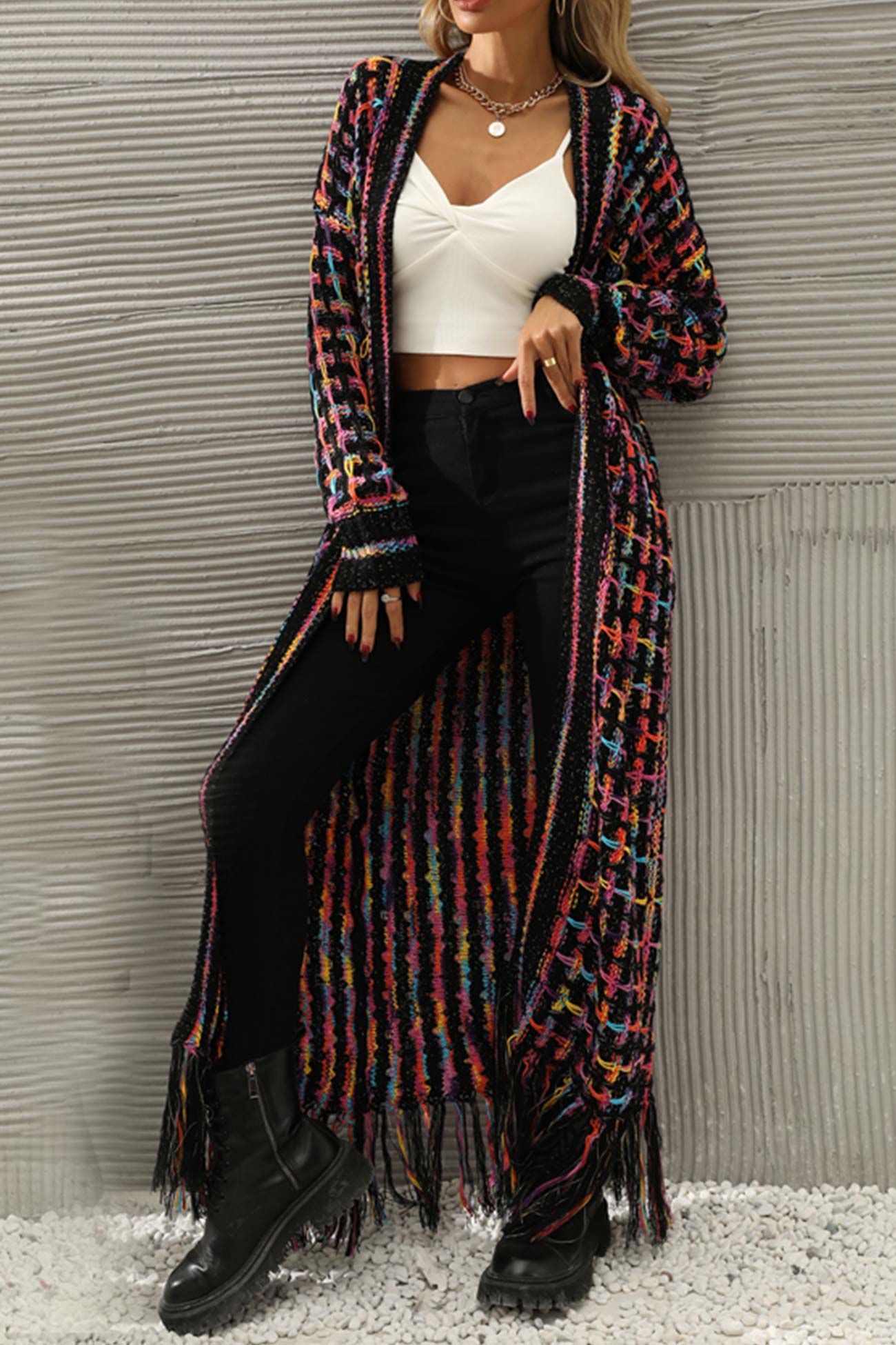 Adriana® | Long cardigan with contrast fringed hem and open front