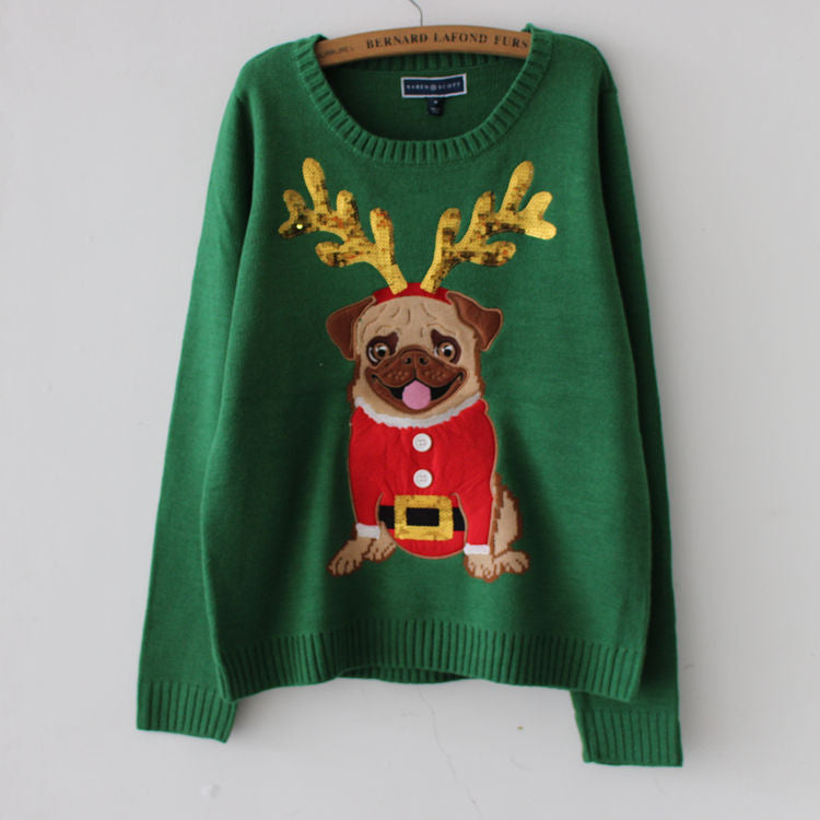 Vera® | Warm knitted sweater with Christmas pug and embroidered sequins for women